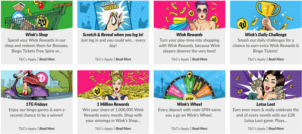 wink bingo rewards, promotions and shopping